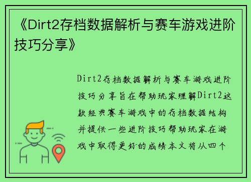 《Dirt2存档数据解析与赛车游戏进阶技巧分享》