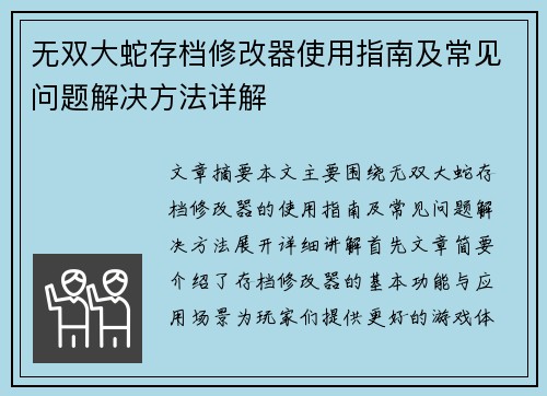 无双大蛇存档修改器使用指南及常见问题解决方法详解